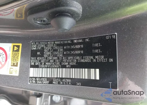 2018 Toyota Highlander Le z USA, uszkodzony, nr VIN 5TDBZRFH1JS896873